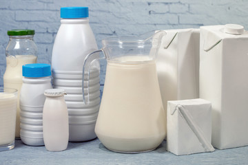 Mix of milk bottles and package