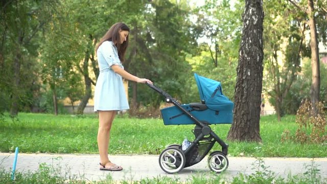 Mother walking with a pram in the park. Summer nature background. Stedycam.