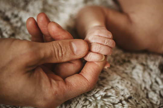 Adult Male Hands Holding Kid Hands, Family Help Care Concept