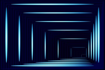 Fototapeta premium Abstract Dark Blue Pattern with Lighting and Squares. Bright Tunnel to Nowhere. Raster. 3D Illustration