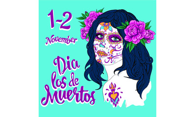 dia de los muertos day of the dead mexican holiday festival vector poster banner and card with, anta muerte woman make up sugar skull girl face with flowers wreath hand drawn