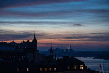 Fototapeta na wymiar panoramic night view of stockholm at sunset