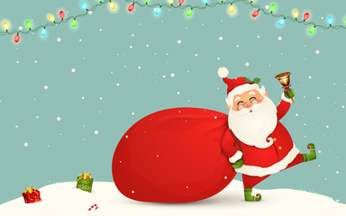 Santa Claus is coming. Funny Santa Claus with huge, red, heavy bag with presents, gift boxes, jingle bell isolated. Happy Santa Claus cartoon character in Christmas snow scene. Winter landscape.