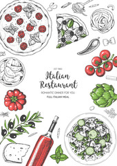 Italian cuisine top view frame. A set of Italian dishes with pasta and pizza. Food menu design template. Vintage hand drawn sketch vector illustration. Engraved image