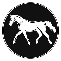 Round logo of a trotting horse.