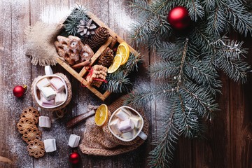 Christmas and New Year decor. Look from above at two cups with hot chocolate, cinamon cookies, green tree branches and snow on a wooden table