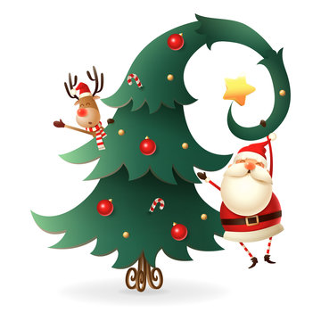 Santa Claus And Reindeer Around The Christmas Tree On Transparent Background. Scandinavian Gnomes Style.