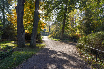 Fototapeta premium Sunny day in October 2018 at city park Abackarna along Motala river in Norrkoping, Sweden.