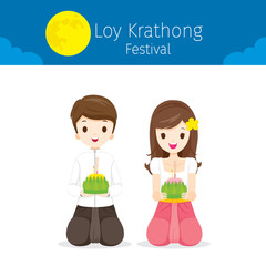 Loy Krathong Festival, Boy and Girl in National Costume Sitting, Celebration and Culture of Thailand, Asia, Feast, Season, Religion