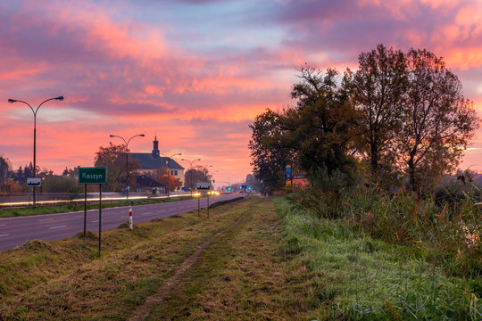 Dawn over the church in Raszyn, Masovia, Poland