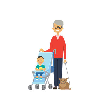grandfather with cat and baby grandchildren in stroller, multi generation family, full length avatar on white background, successful family concept, tree of genus flat cartoon design vector