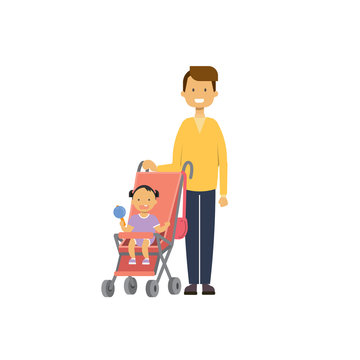 father daughter baby in stroller full length avatar on white background, successful family concept, flat cartoon vector illustration