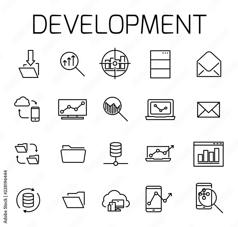 Poster development related vector icon set.