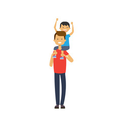 father holds his son on back over white background, happy family concept, flat cartoon design vector illustration