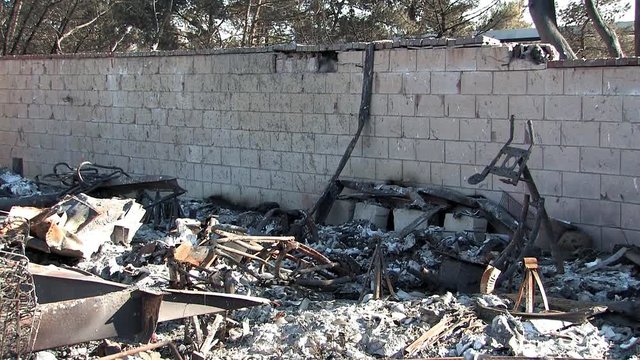 Close up of burned down trailer park near Sylmar so called Sayre Fire near Los Angeles, USA.