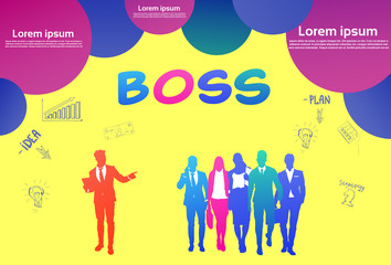 colourful success business people silhouette, group of diversity businessman with boss leader,bubbles yellow background successful team concept horizontal copy space vector illustration