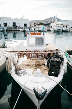Fisherman's boat with octopuses at marina of Naussa, Paros