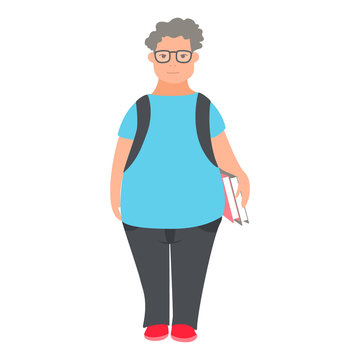 Young man nerd. Student geek character holds books. Flat illustration of fat curly cartoon character.