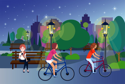 public night park people relax sitting wooden bench outdoors cycling green lawn trees on city buildings template background flat vector illustration