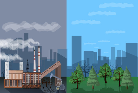 Factory building nature pollution plant pipe waste. environment two side comparisonside nature global warming illegal pollution flat vector illustration