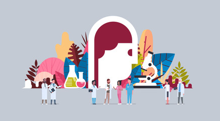 scientist looking microscope mix race doctors communicating medical lab , success medicine concept flat vector illustration