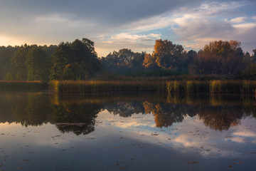Fototapeta na wymiar Pond at autumn in Falenty near Raszyn, Masovia, Poland
