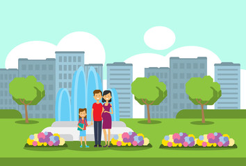 Obraz na płótnie Canvas pregnant mother father and daughter with book full length avatar over city park children fountain flowers green lawn trees template cityscape background flat vector illustration