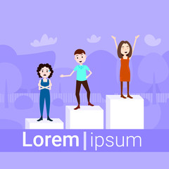 girl boy character on podium loser winner success concept template for design work and animation on blue background full length copy space flat vector illustration