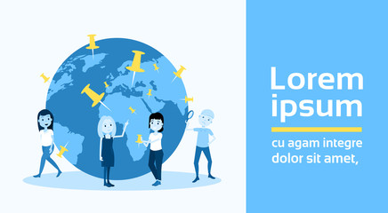 boy character search at globe mark with magnifier male template for design work and animation on white background copy space full length flat banner vector illustration