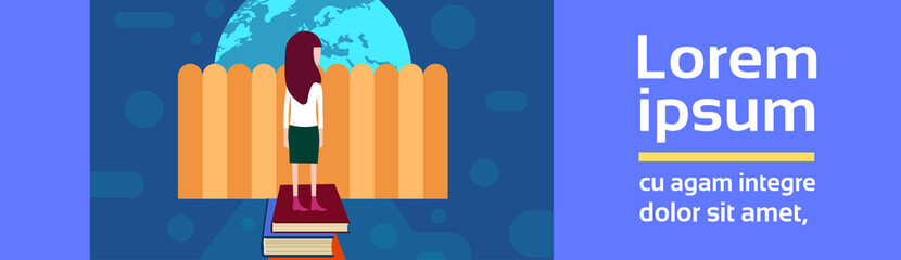 girl character stay books stack peeking fence look at globe over obstacle female template for design work and animation on blue background full length flat copy space banner vector illustration