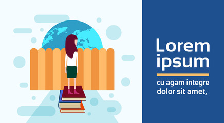 girl character stay books stack peeking fence look at globe over obstacle female template for design work and animation on white background full length flat copy space vector illustration
