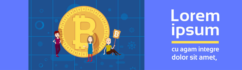man girl character bitcoin mining template for design work and animation cryptocurrency on blue background full length flat banner copy space vector illustration