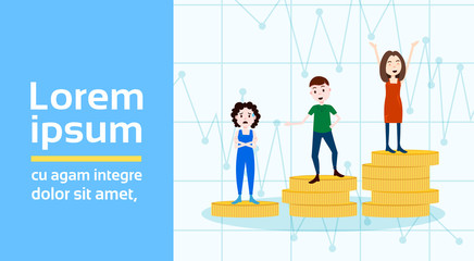 Fototapeta premium girl man character on podium coins stack loser winner success concept template for design work and animation on white background full length copy space flat vector illustration
