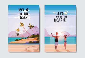 set man woman couple holding hands looking sunrise rear view summer vacation tropical beach badge Design Label lettering for logo Templates invitation greeting card prints and posters vector