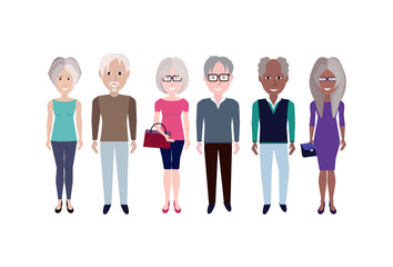 Fototapeta na wymiar elderly mix race people group character male female template for design animation on white background full length flat vector illustration