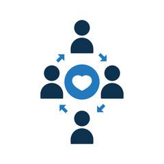 People connecting icon. Community icon with heart sign. Teamwork icon and favorite, like, love, care symbol
