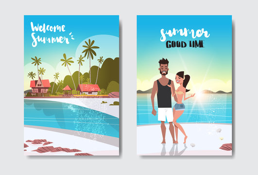 set waters villas man woman couple full length vacation beach badge Design Label Season Holidays lettering for logo Templates invitation greeting card prints and posters vector illustration