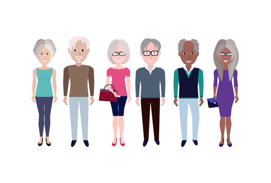 elderly mix race people group character male female template for design animation on white background full length flat vector illustration