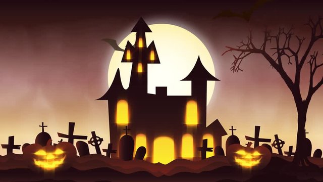 animation of a spooky haunted house with Jack-o-lantern Halloween pumpkins