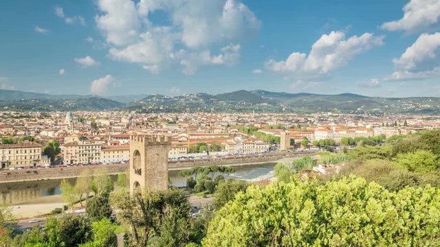 Old town of Florence skyline. Panoramic view. White clouds move fast across the blue sky. Time lapse video.