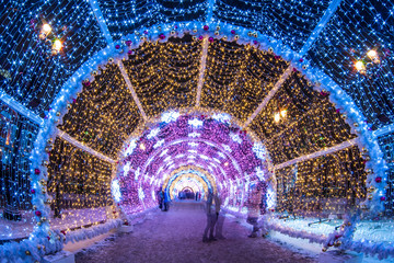Blurred video of people passing through the New Year and Christmas holidays, light tunnels in the...