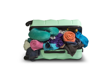 Plastic suitcase with wheels, overflowing things on a white background. Travel concept, vacation trip, visit to relatives