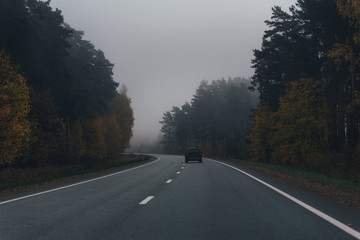 Asphalt road with one dark car, autumn trees and fog. Vintage,retro look.