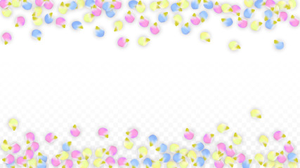 Vector Realistic Colorful Petals Falling on Transparent Background.  Spring Romantic Flowers Illustration. Flying Petals. Sakura Spa Design. Blossom Confetti. Design Elements for Wedding Decoration.