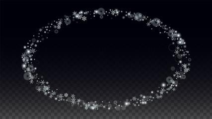 Christmas  Vector Background with White Falling Snowflakes Isolated on Transparent Background. Realistic Snow Sparkle Pattern. Snowfall Overlay Print. Winter Sky. Design for Party Invitation.