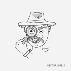 Vector illustration. A detective with magnifying glass. Man with mustache. Sketch. Drawing for children. Flat icon