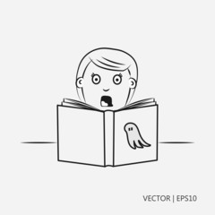 Vector illustration. A girl reading a scary book at night. Horror book with ghost on the cover. Sketch. Drawing for children. Flat icon