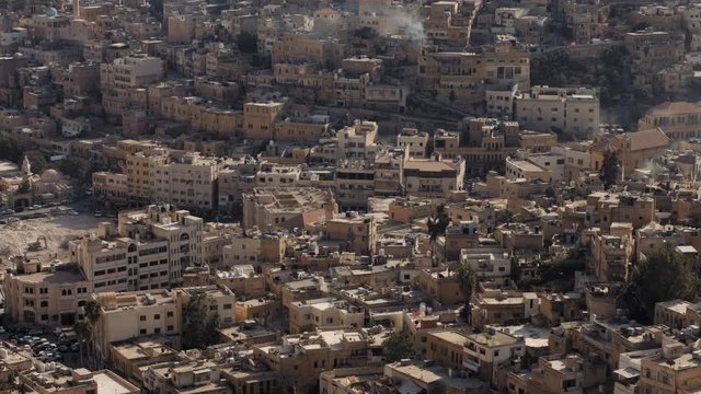 Middle East. Close Shot, From A High Point Of View. Al Salt Old City Houses In Jordan. Urban Sprawl Footage Old City. 4k Footage