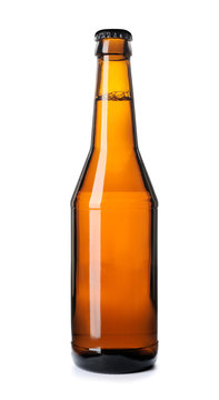 Bottle of cold beer on white background