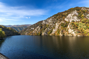 Naklejka premium Autumn ladscape from dam of The Krichim Reservoir, Rhodopes Mountain, Plovdiv Region, Bulgaria